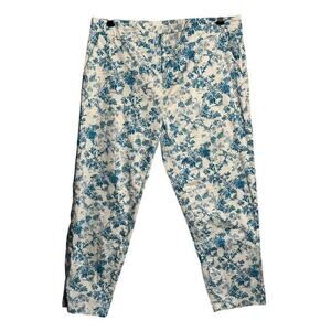 Garnet Hill Sz 12 Floral Toile Straight Leg Crop Pants Stretch Cottagecore Birds